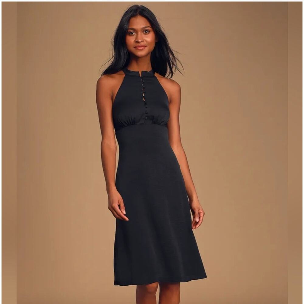 Lulus Have Heart Sleeveless Black Halter A-Line Midi Dress Sz XL Party LBD Chic
